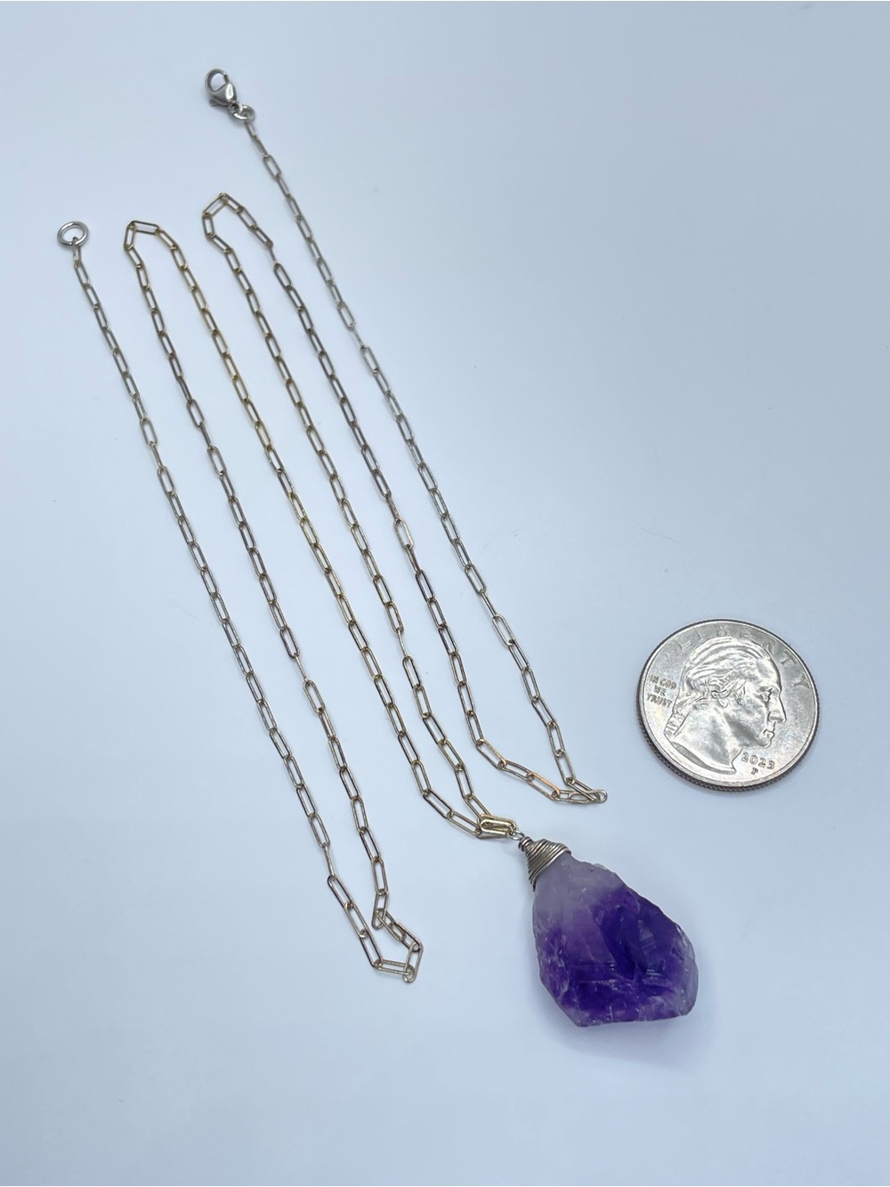 925 Sterling Silver Amethyst Crystal Paperclip Pendant Necklace Boho Statement